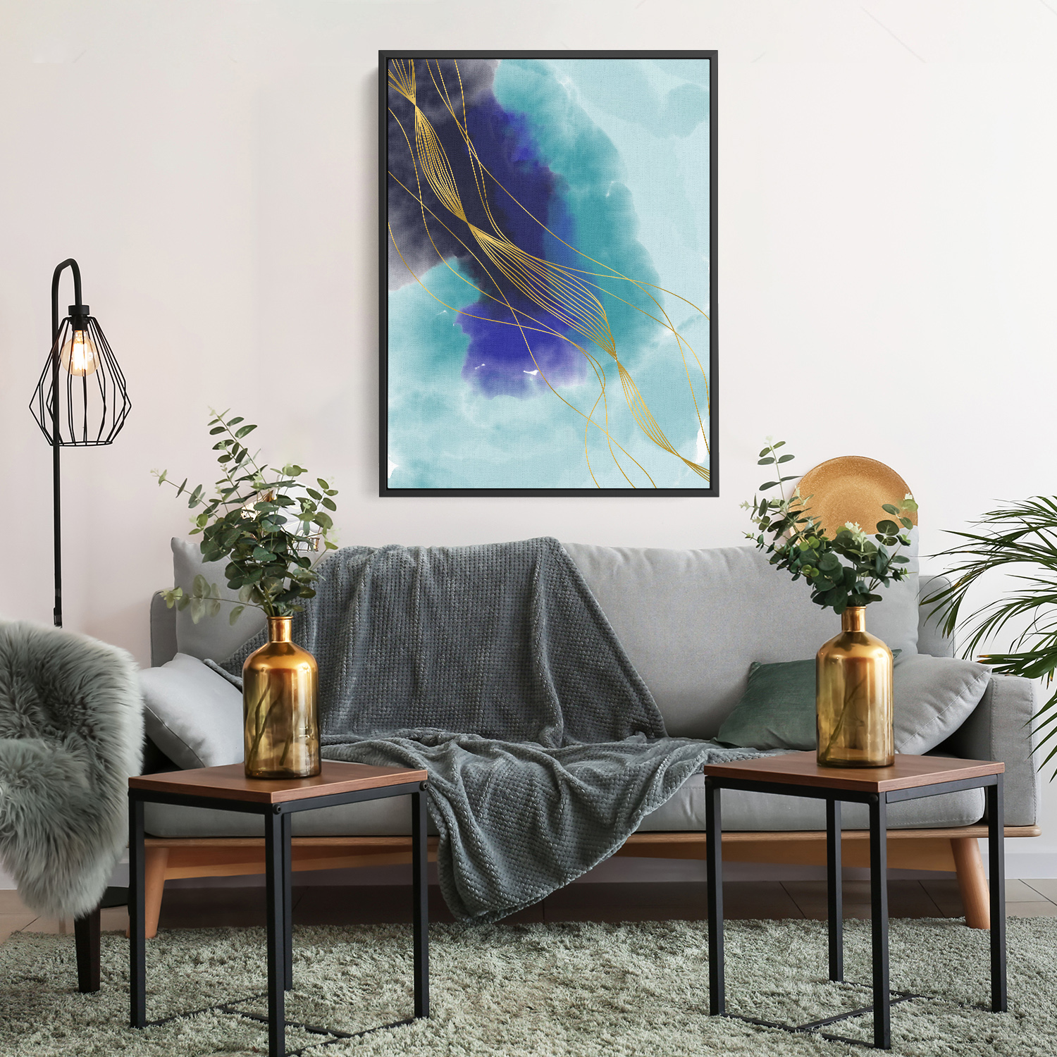 Apogean Modern Abstract Watercolor Blue Teal Turquoise Gold Wall Art